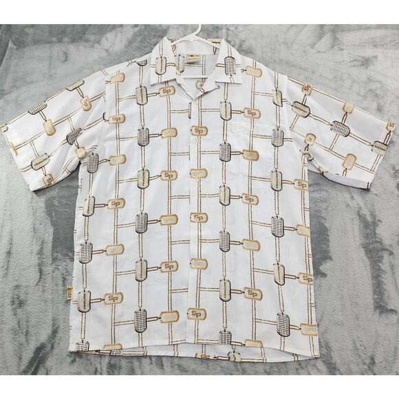 Vintage 90s SOUTHPOLE Dog Tag Chain Print Silky Short Sleeve Shirt Size L White - Picture 1 of 9